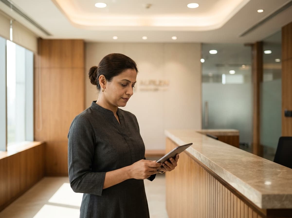 A shop owner checking his phone at the counter of his own business